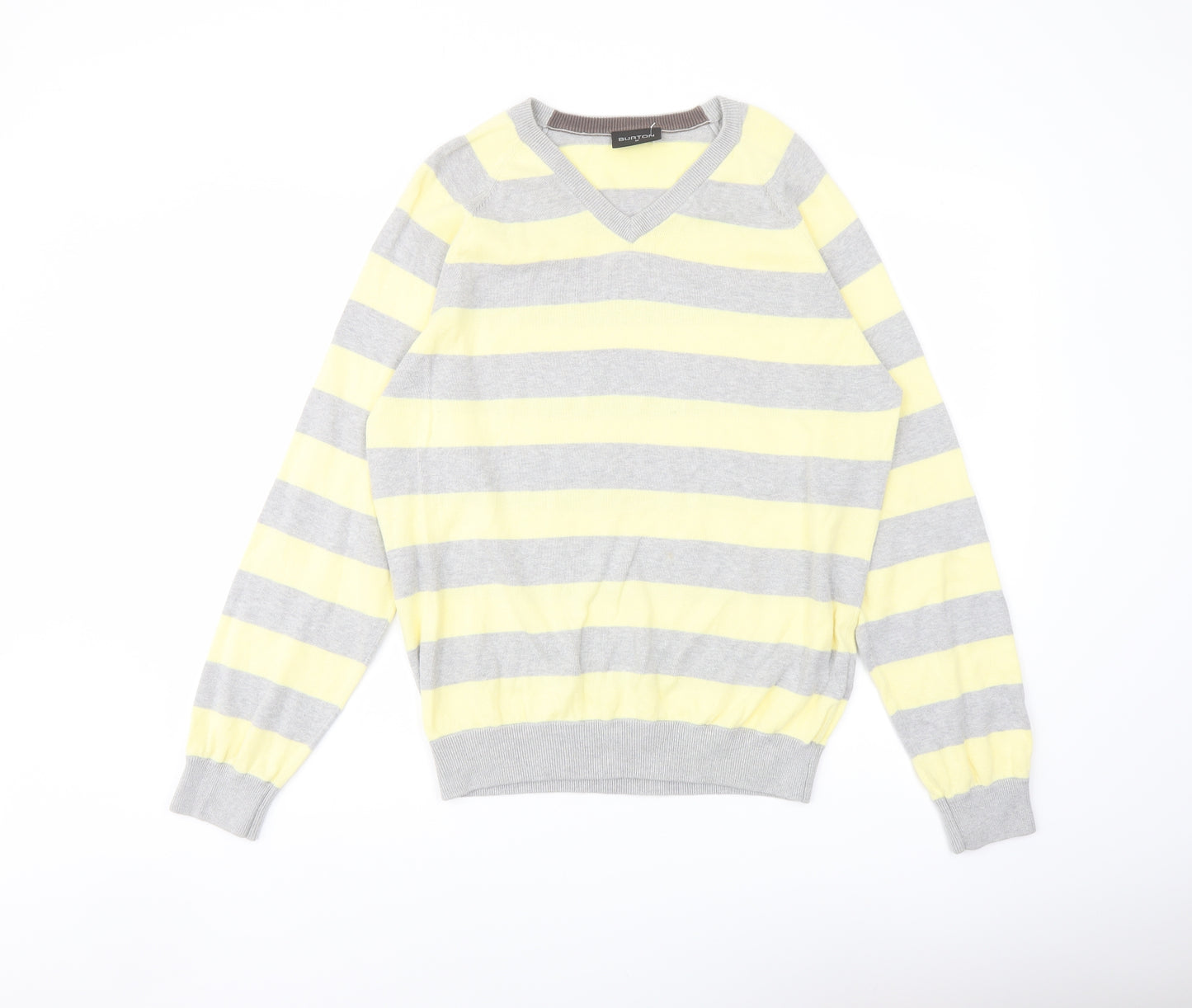 Burton Mens Yellow V-Neck Striped Cotton Pullover Jumper Size M Long Sleeve