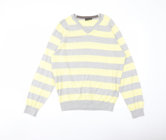 Burton Mens Yellow V-Neck Striped Cotton Pullover Jumper Size M Long Sleeve