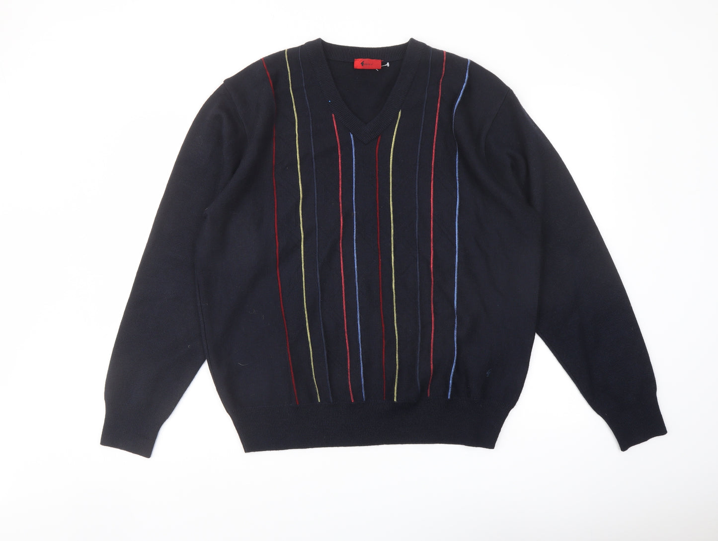 Gabicci Mens Blue V-Neck Striped Wool Pullover Jumper Size L Long Sleeve