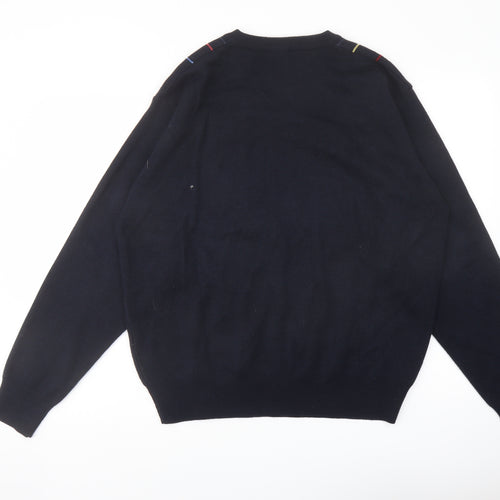 Gabicci Mens Blue V-Neck Striped Wool Pullover Jumper Size L Long Sleeve