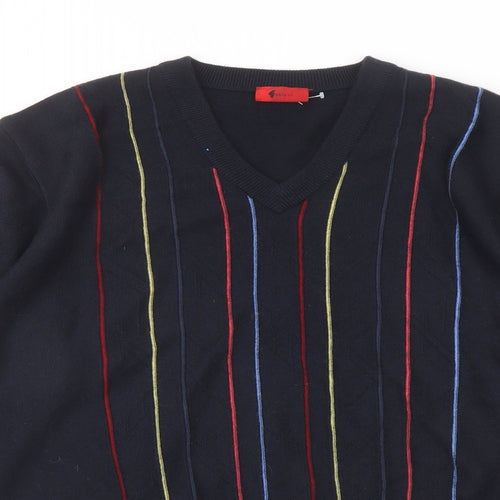 Gabicci Mens Blue V-Neck Striped Wool Pullover Jumper Size L Long Sleeve