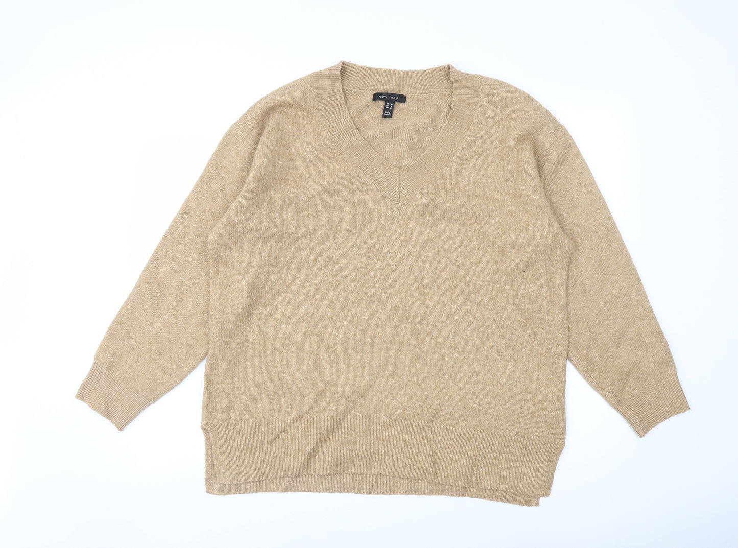New Look Womens Beige V-Neck Acrylic Pullover Jumper Size M