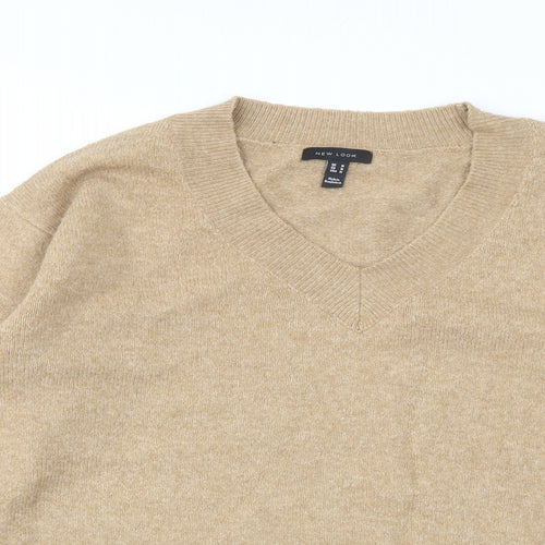 New Look Womens Beige V-Neck Acrylic Pullover Jumper Size M
