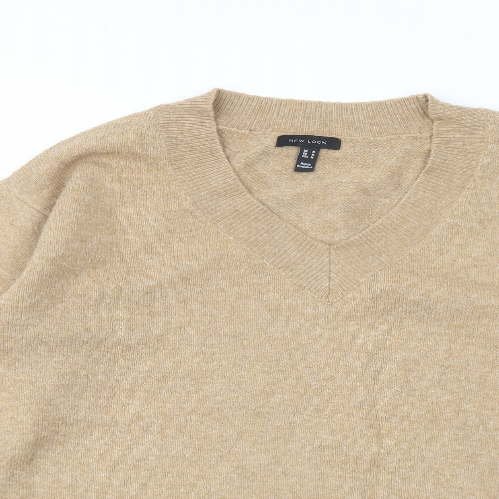 New Look Womens Beige V-Neck Acrylic Pullover Jumper Size M