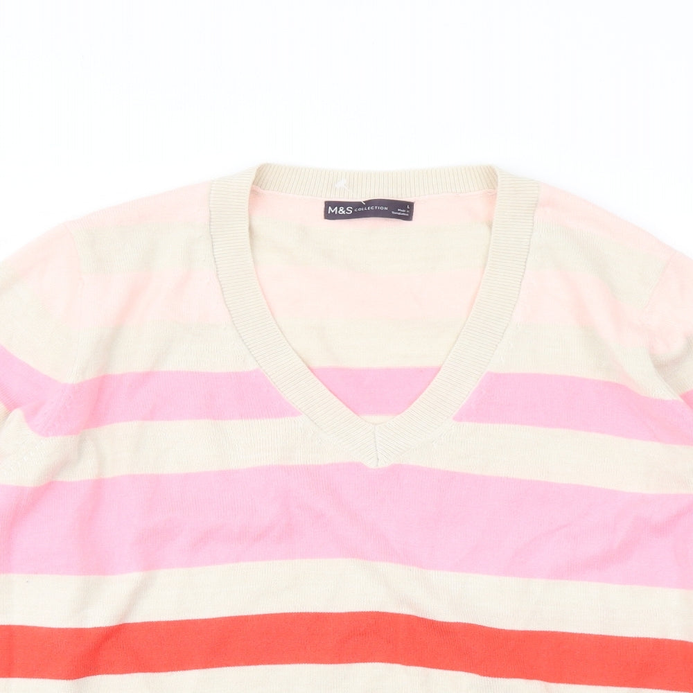 Marks and Spencer Womens Multicoloured V-Neck Striped Acrylic Pullover Jumper Size L
