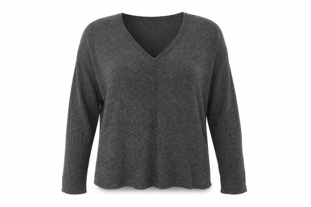 Front view of John Lewis women’s grey v-neck nylon jumper, size UK 8