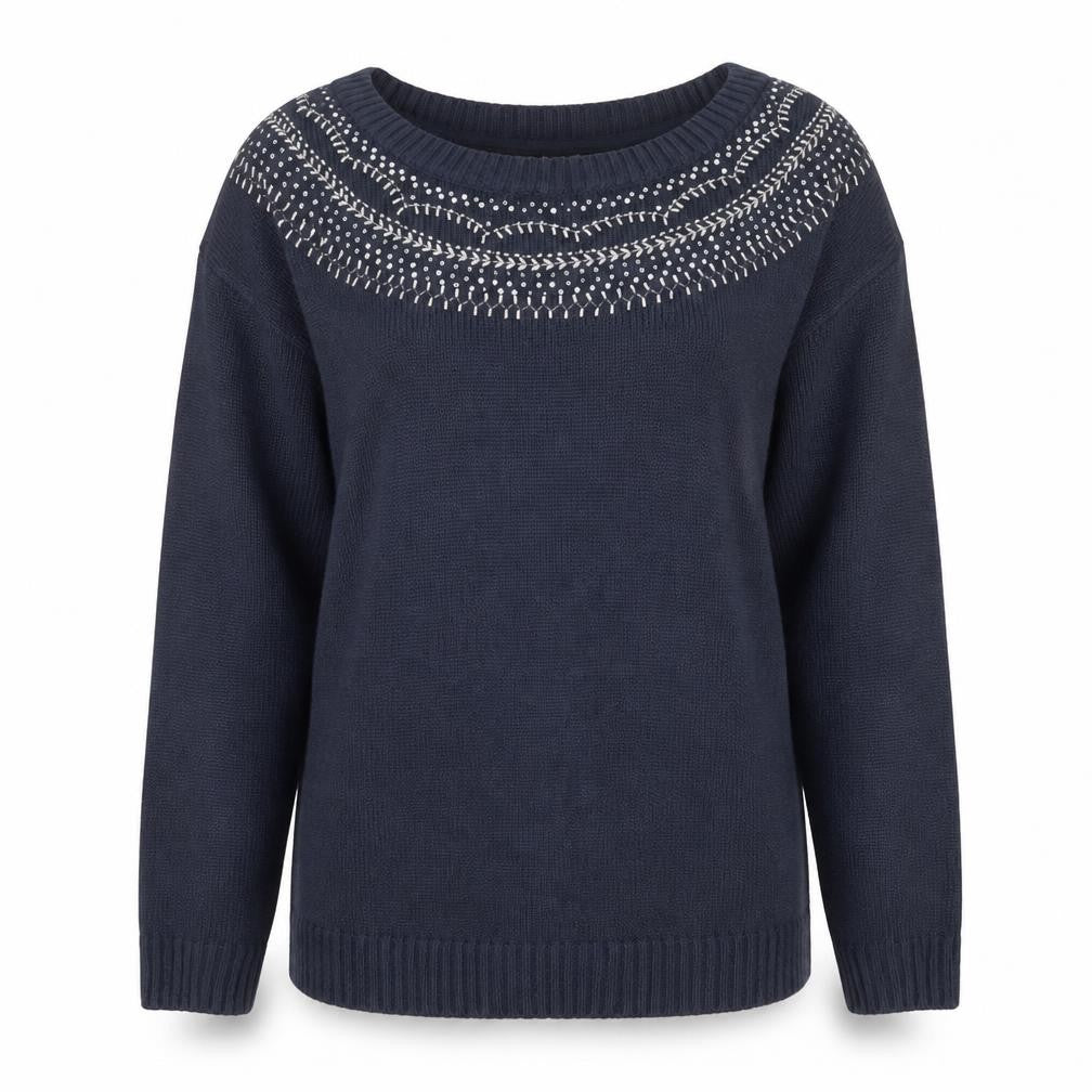 Front view of Bonprix women’s blue round neck acrylic jumper, size M
