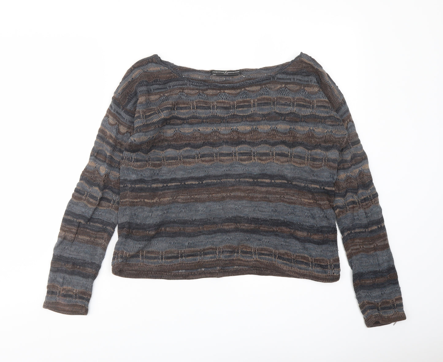Peruvian Connection Womens Brown Boat Neck Cotton Pullover Jumper Size S
