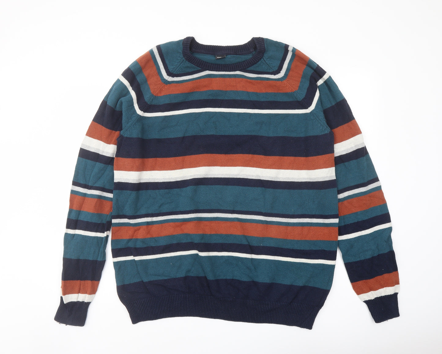 Cotton Traders Mens Multicoloured Crew Neck Striped Cotton Pullover Jumper Size 2XL Long Sleeve