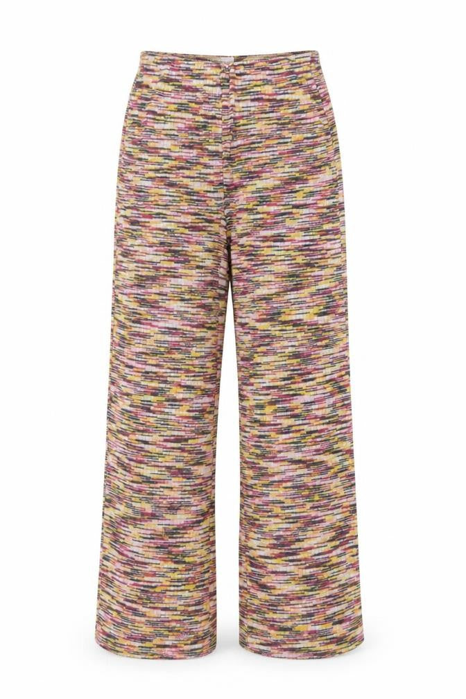 Front view of H&M women’s multicoloured striped polyester trousers, size S, 29-inch leg regular