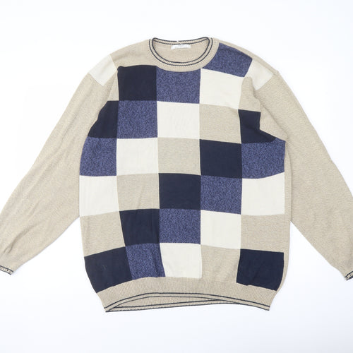 Marks and Spencer Mens Beige Crew Neck Check Cotton Pullover Jumper Size M Long Sleeve