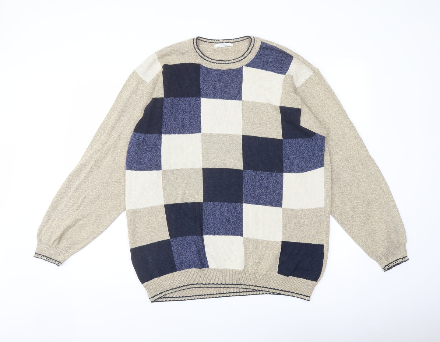 Marks and Spencer Mens Beige Crew Neck Check Cotton Pullover Jumper Size M Long Sleeve