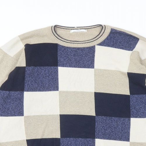 Marks and Spencer Mens Beige Crew Neck Check Cotton Pullover Jumper Size M Long Sleeve