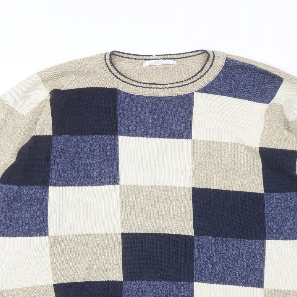 Marks and Spencer Mens Beige Crew Neck Check Cotton Pullover Jumper Size M Long Sleeve