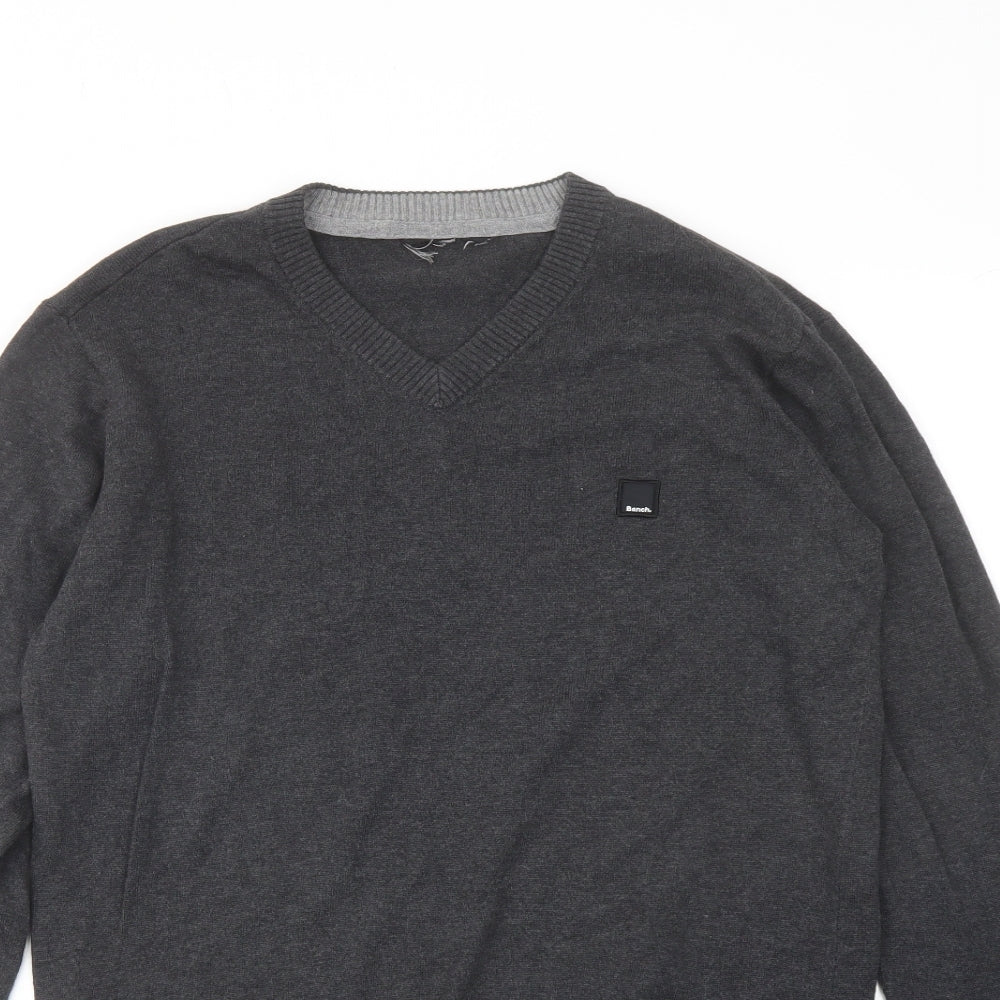 Bench Mens Grey V-Neck Cotton Pullover Jumper Size L Long Sleeve