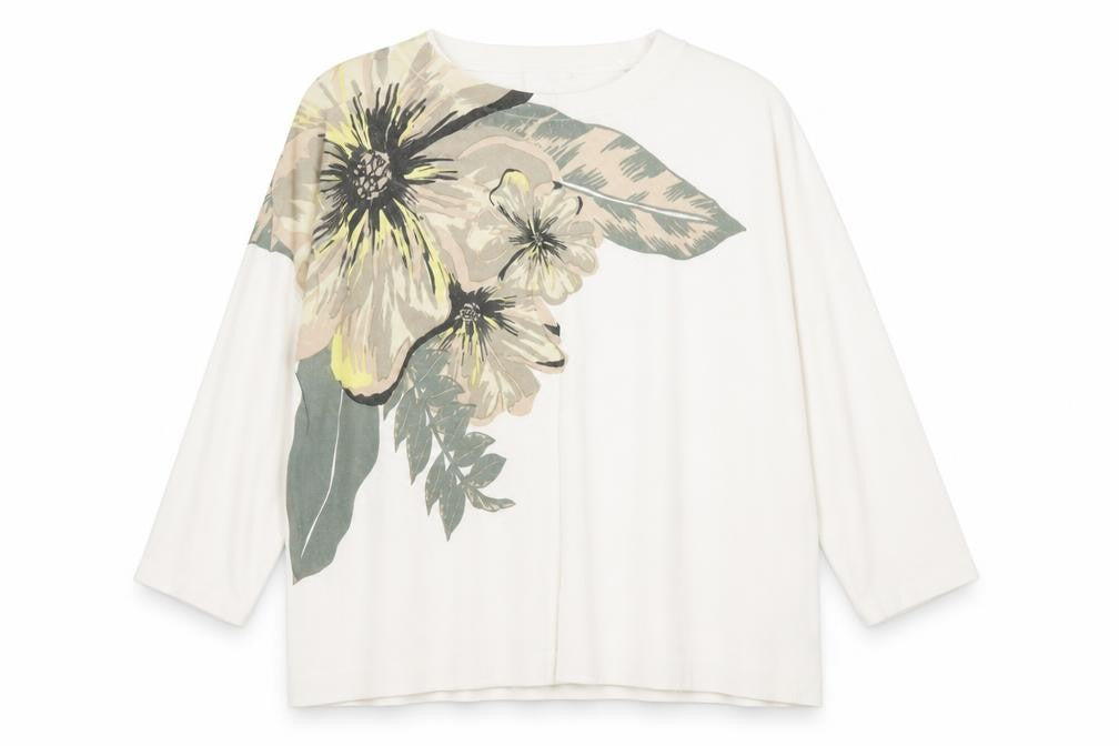 Front view of Warehouse women’s ivory crew neck floral viscose jumper, size UK 16