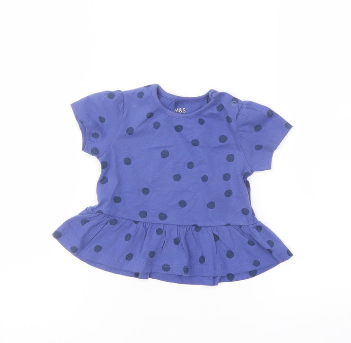 Marks and Spencer Girls Pink Polka Dot Cotton Basic T-Shirt Size 6-9 Months Crew Neck Snap