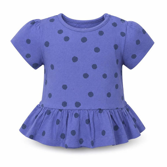 Front view of Marks & Spencer girls’ pink polka dot cotton basic t-shirt, size 6-9, months crew neck snap