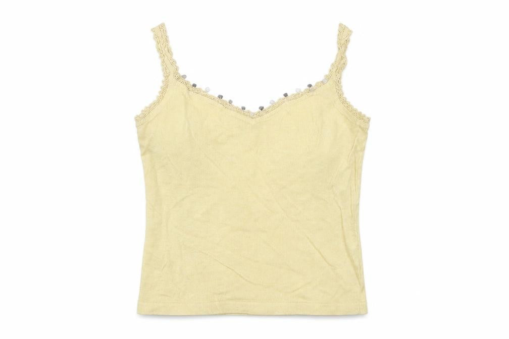 Front view of Phase Eight women’s yellow linen basic t-shirt, size UK 12, sweetheart