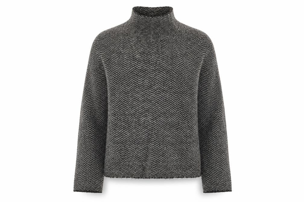 Front view of Max Studio women’s grey mock neck acrylic jumper, size S