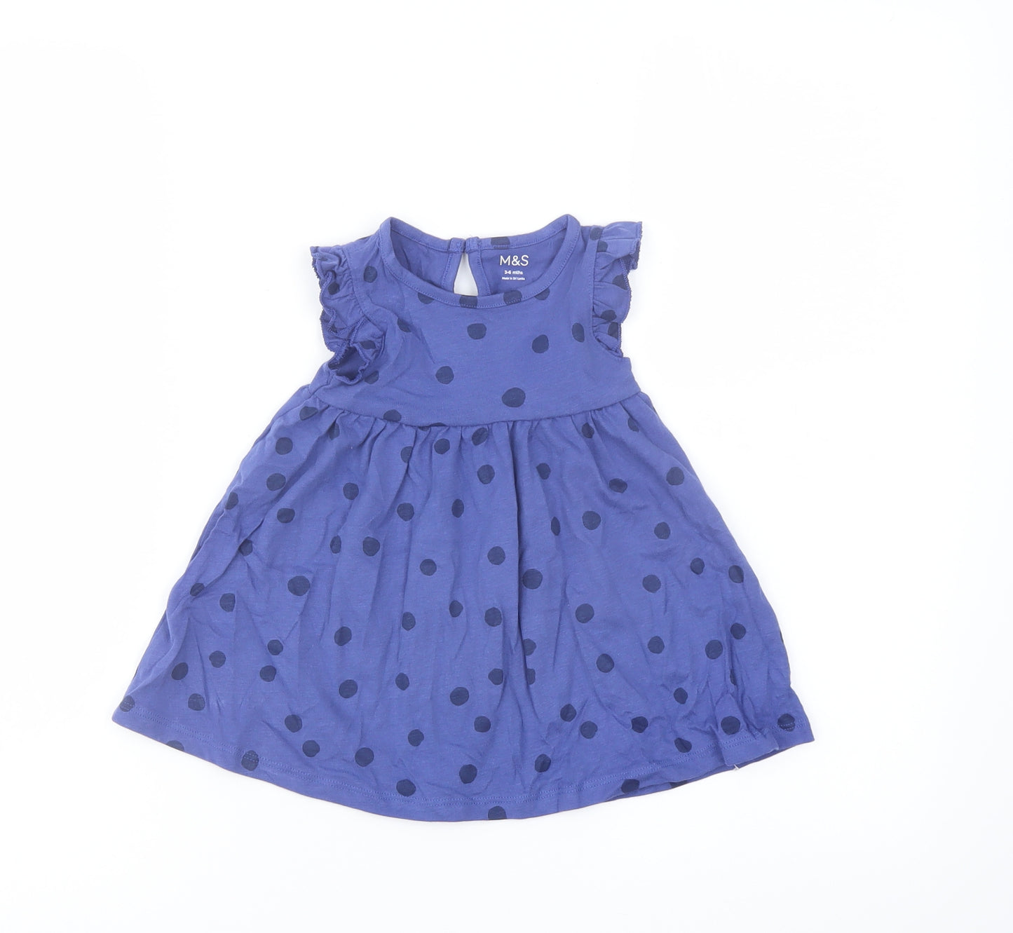 Marks and Spencer Girls Blue Polka Dot Cotton A-Line Size 3-6 Months Crew Neck Button