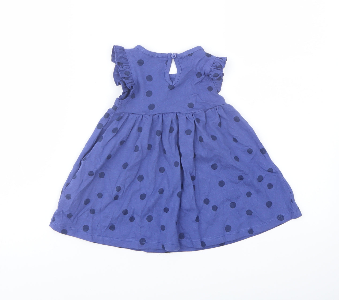 Marks and Spencer Girls Blue Polka Dot Cotton A-Line Size 3-6 Months Crew Neck Button