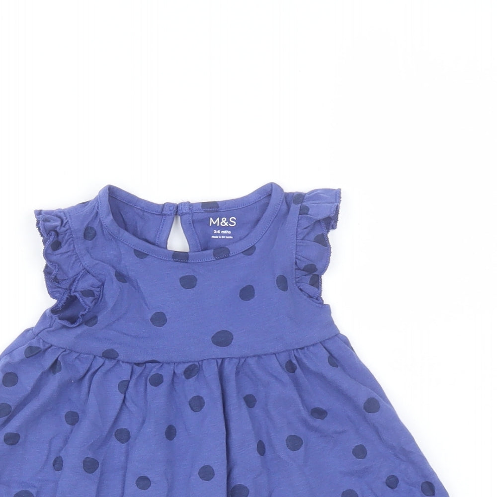 Marks and Spencer Girls Blue Polka Dot Cotton A-Line Size 3-6 Months Crew Neck Button