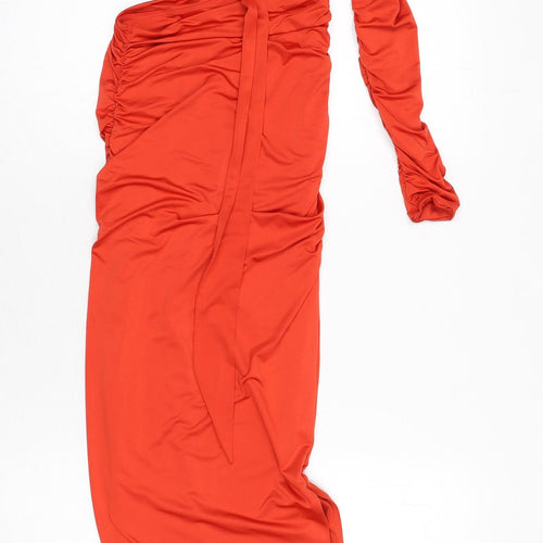 Oh Polly Womens Orange Polyester Bodycon Size 4 Round Neck Pullover - Ruched Side, One Sleeve