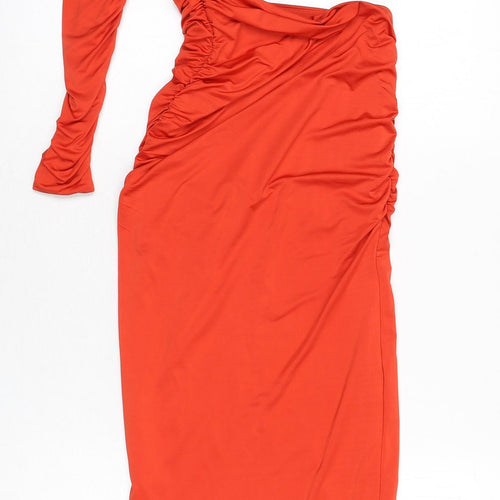 Oh Polly Womens Orange Polyester Bodycon Size 4 Round Neck Pullover - Ruched Side, One Sleeve
