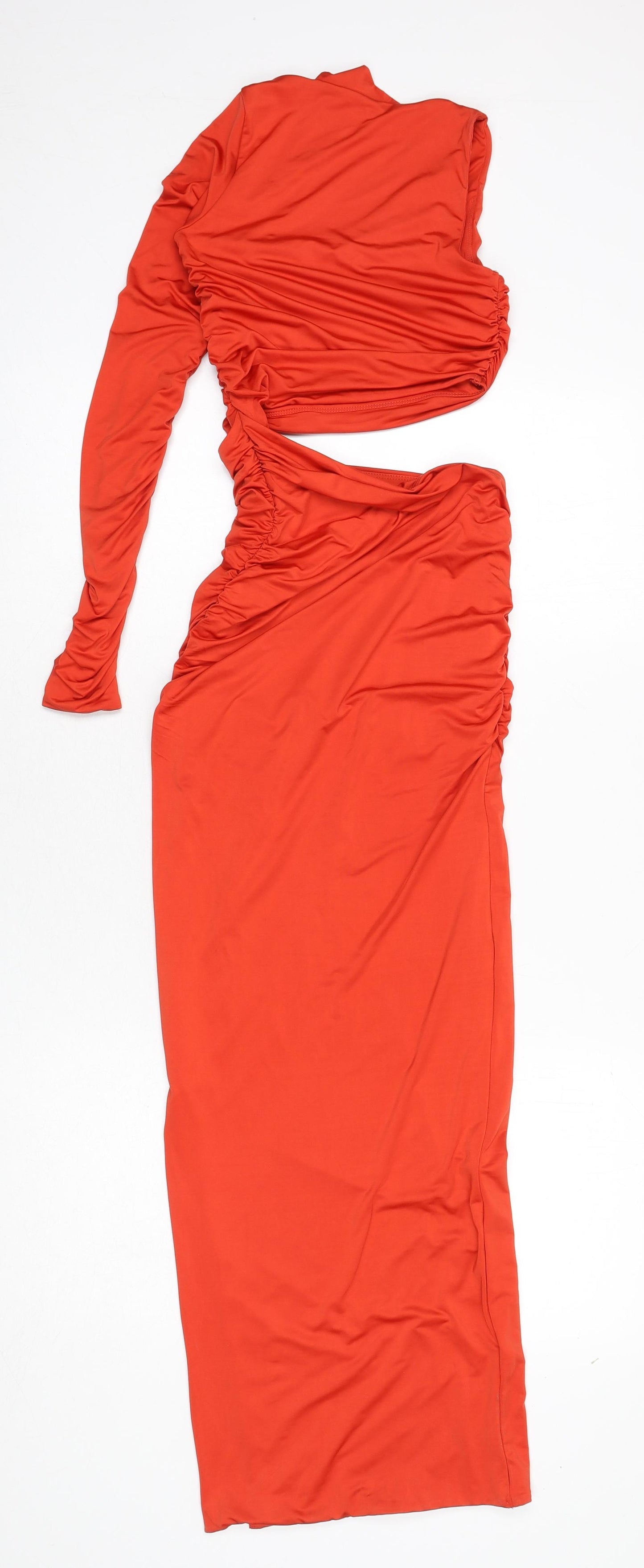 Oh Polly Womens Orange Polyester Bodycon Size 4 Round Neck Pullover - Ruched Side, One Sleeve