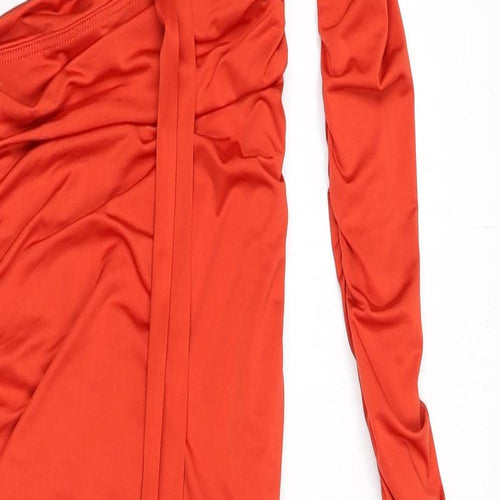 Oh Polly Womens Orange Polyester Bodycon Size 4 Round Neck Pullover - Ruched Side, One Sleeve