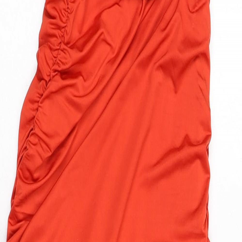 Oh Polly Womens Orange Polyester Bodycon Size 4 Round Neck Pullover - Ruched Side, One Sleeve