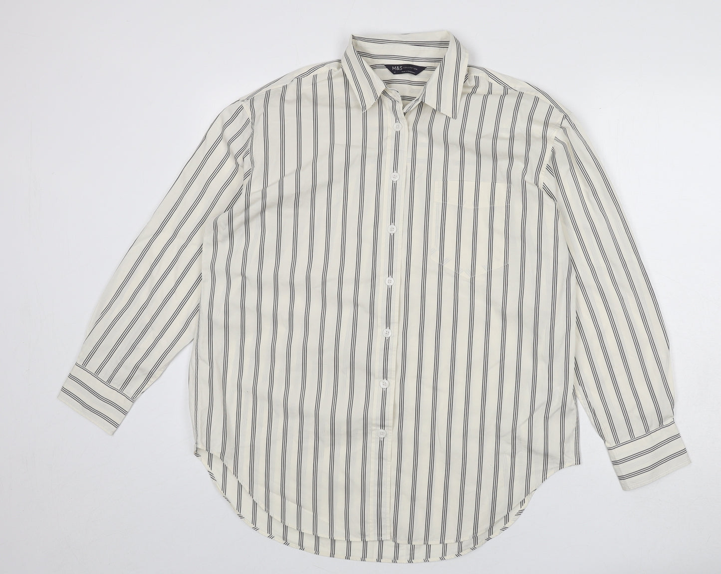Marks and Spencer Womens Ivory Striped 100% Cotton Basic Button-Up Size 12 Collared