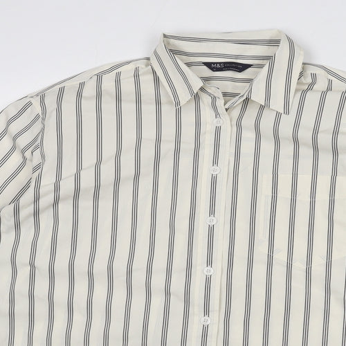Marks and Spencer Womens Ivory Striped 100% Cotton Basic Button-Up Size 12 Collared