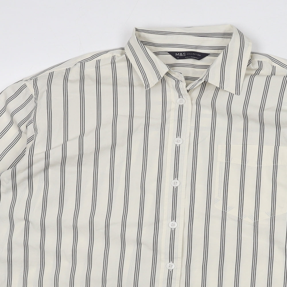 Marks and Spencer Womens Ivory Striped 100% Cotton Basic Button-Up Size 12 Collared
