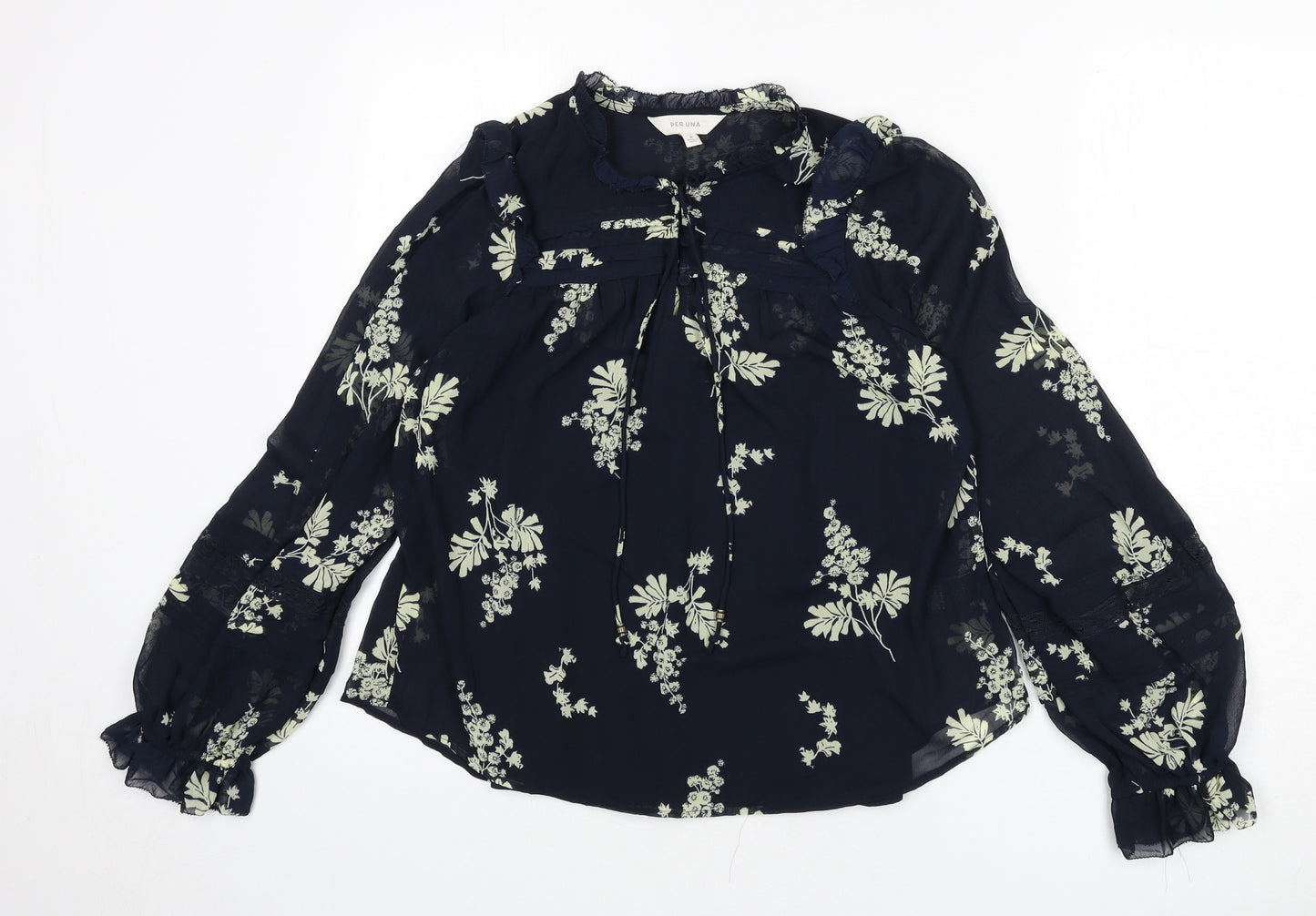 Per Una Womens Blue Floral Polyester Basic Blouse Size 8 Round Neck - Cami Included, Lace Trim