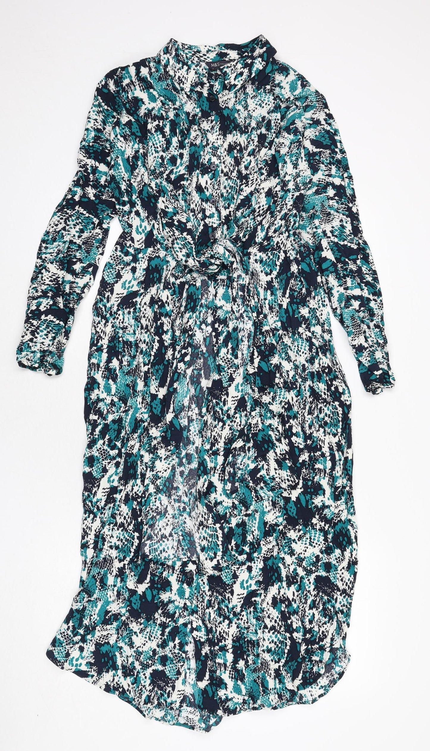 Marks and Spencer Womens Multicoloured Animal Print Viscose Shirt Dress Size 8 Collared Button - Snake Skin Print, Tie Detail