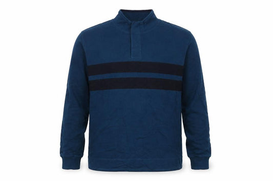 Front view of Marks & Spencer men’s blue cotton henley sweatshirt, size M, - stripe detail