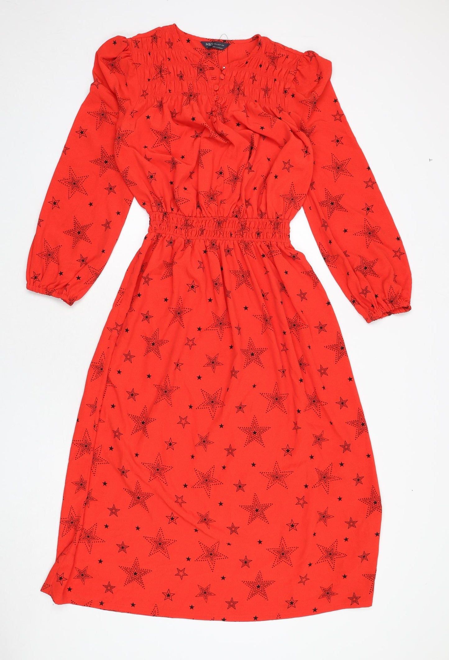 Marks and Spencer Womens Red Geometric Polyester A-Line Size 8 Round Neck Button - Star Print