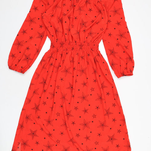 Marks and Spencer Womens Red Geometric Polyester A-Line Size 8 Round Neck Button - Star Print