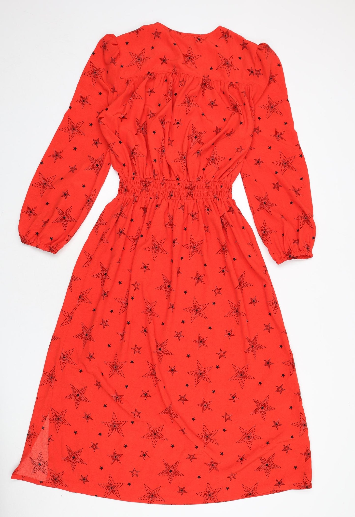 Marks and Spencer Womens Red Geometric Polyester A-Line Size 8 Round Neck Button - Star Print