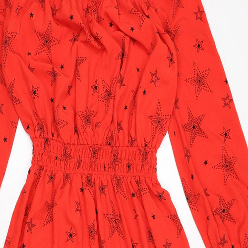 Marks and Spencer Womens Red Geometric Polyester A-Line Size 8 Round Neck Button - Star Print