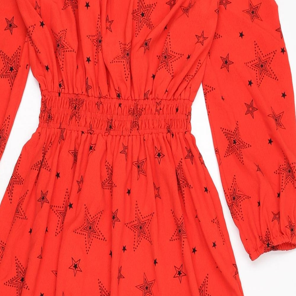 Marks and Spencer Womens Red Geometric Polyester A-Line Size 8 Round Neck Button - Star Print