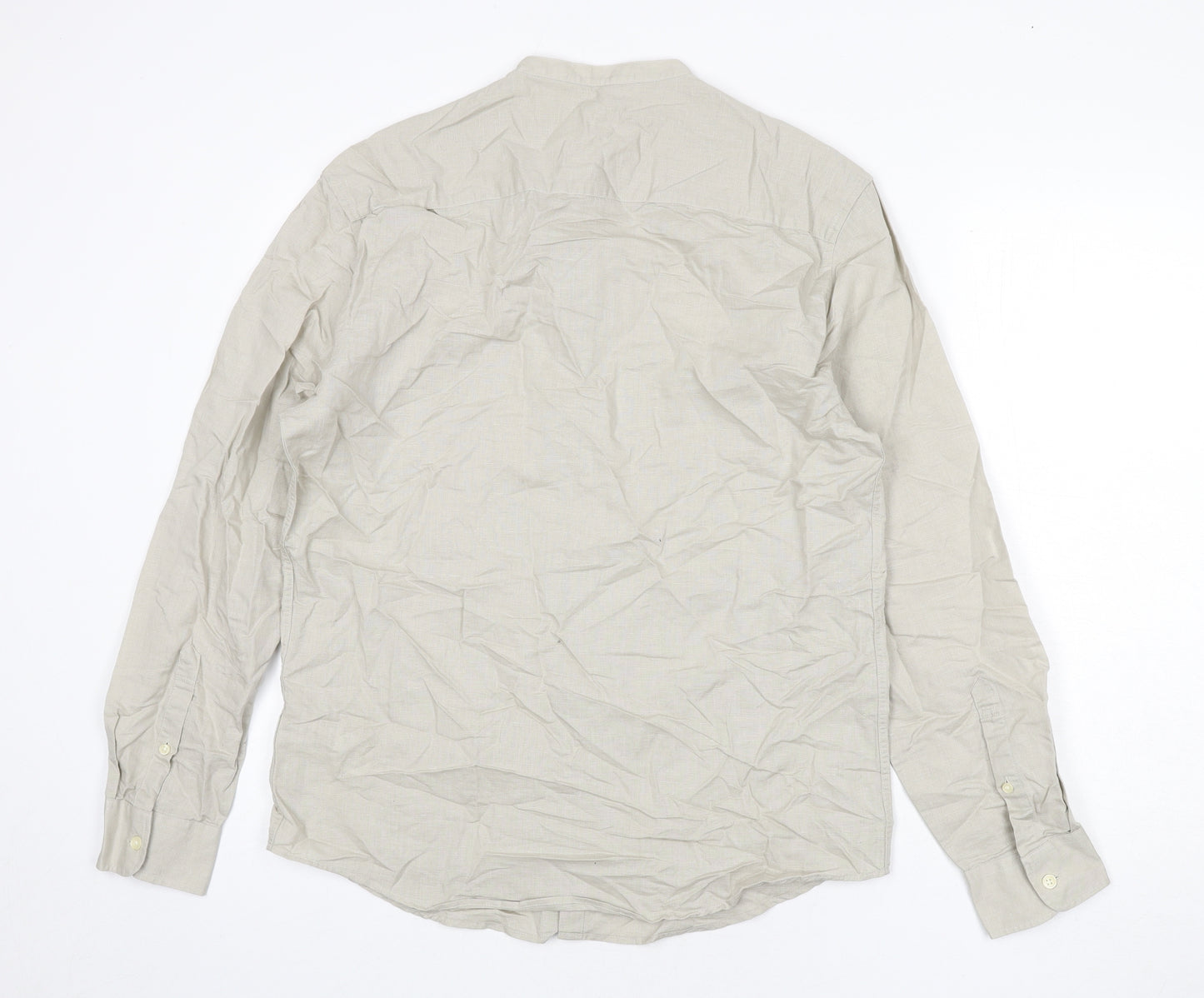 Marks and Spencer Mens Beige Linen Button-Up Size M Round Neck Button