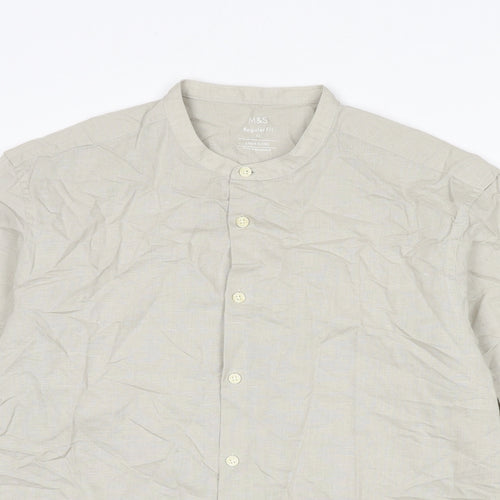 Marks and Spencer Mens Beige Linen Button-Up Size M Round Neck Button