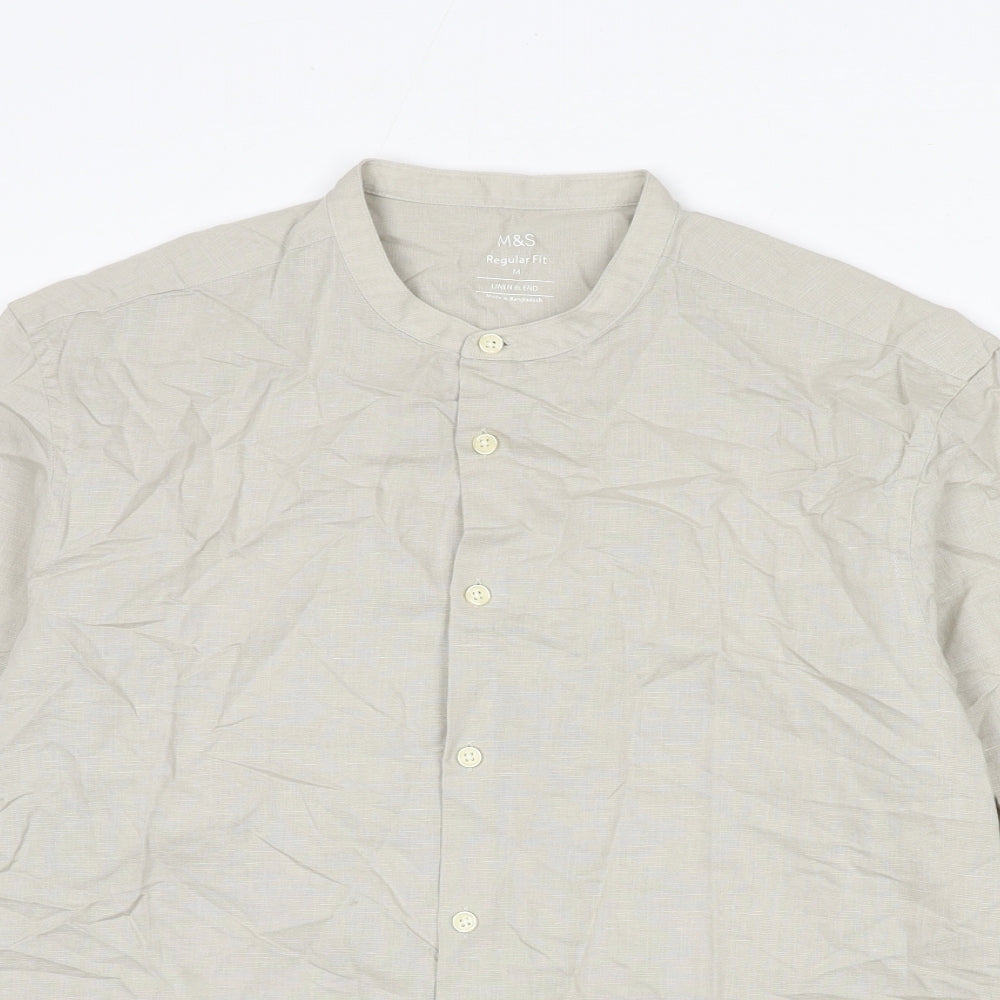 Marks and Spencer Mens Beige Linen Button-Up Size M Round Neck Button