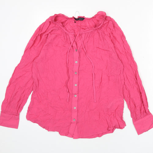 Marks and Spencer Womens Pink Viscose Basic Button-Up Size 6 Round Neck - Tie Detail