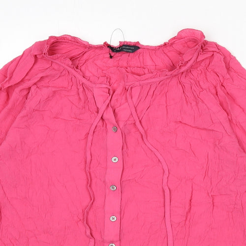 Marks and Spencer Womens Pink Viscose Basic Button-Up Size 6 Round Neck - Tie Detail