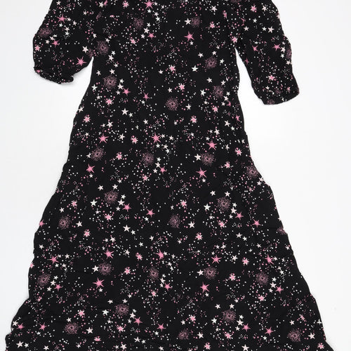 Marks and Spencer Womens Black Geometric Viscose A-Line Size 12 Round Neck Zip - Star Print