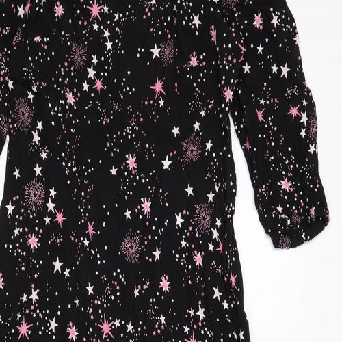 Marks and Spencer Womens Black Geometric Viscose A-Line Size 12 Round Neck Zip - Star Print